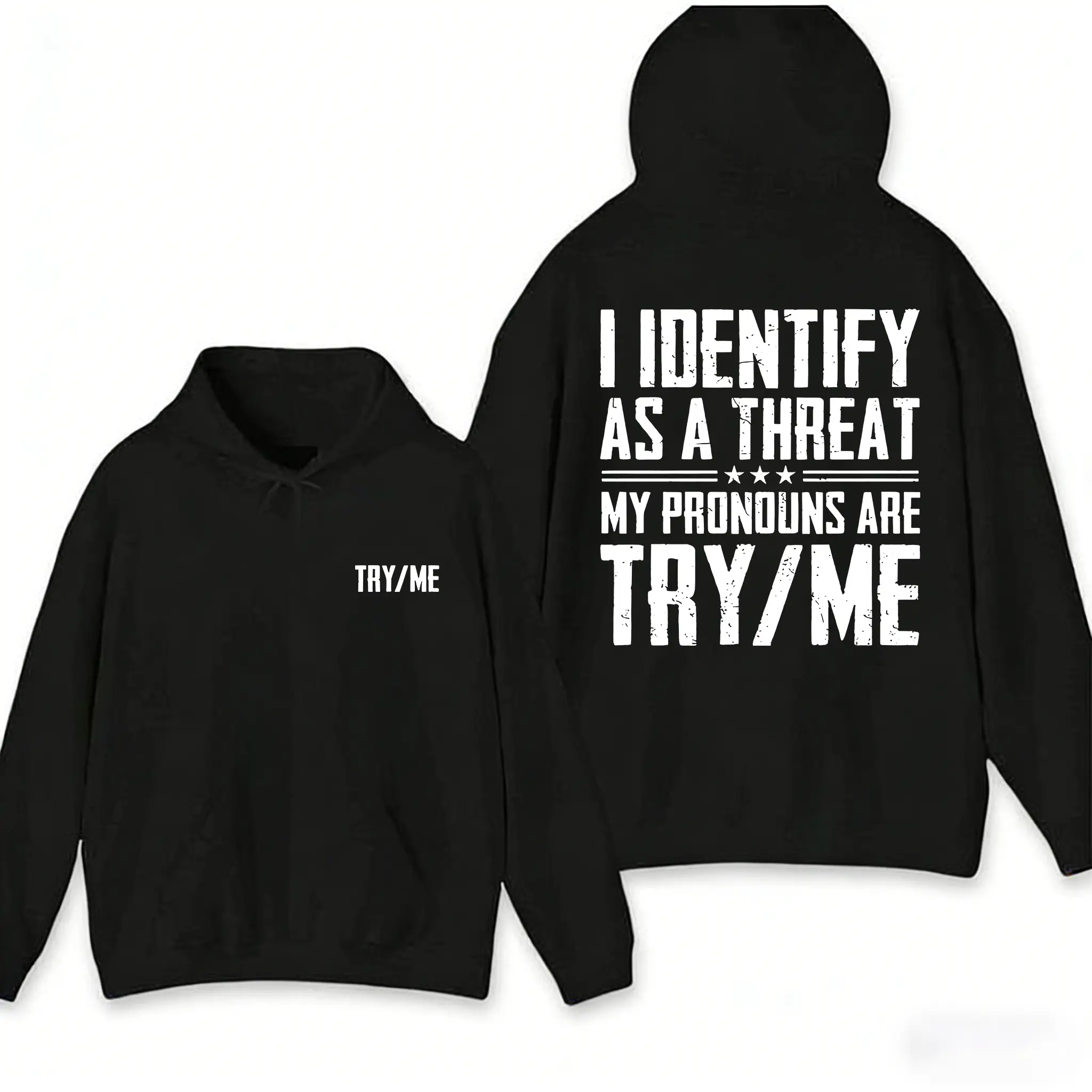 "I Identify As A Threat" Graphic Hoodie for Men, Bold & Edgy Pullover Sweatshirt, Streetwear-Inspired Hoodie