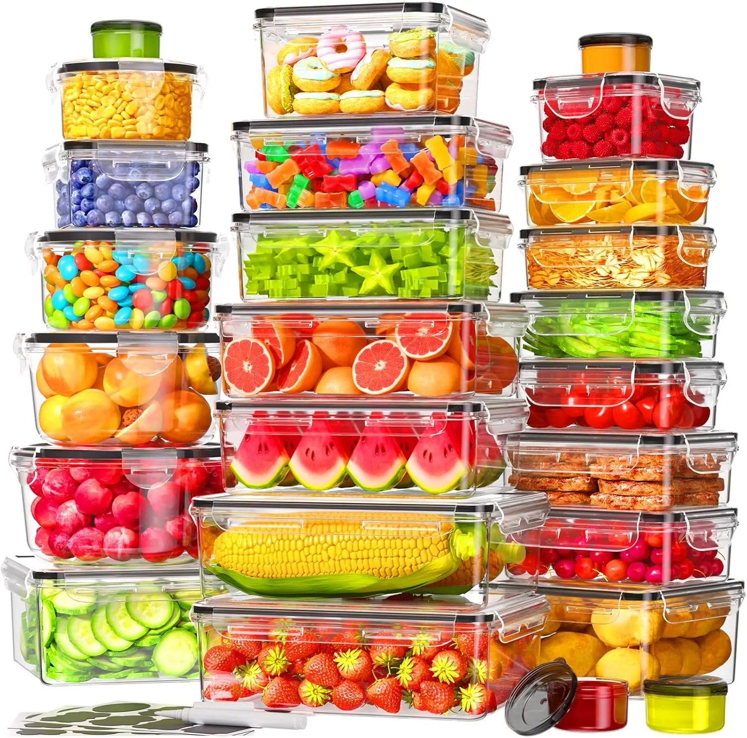 AISOON 50-Piece Plastic Food Storage Containers Set - 25 Multi-Size BPA-Free 4-Clip Airtight Lock, Reusable Stackable Leak-Proof Microwave-Safe Lunch Boxes with Lids, Labels & Marker for Fridge Organization, Kid Lunch Packing, Bento Box Ideas, Microwave S