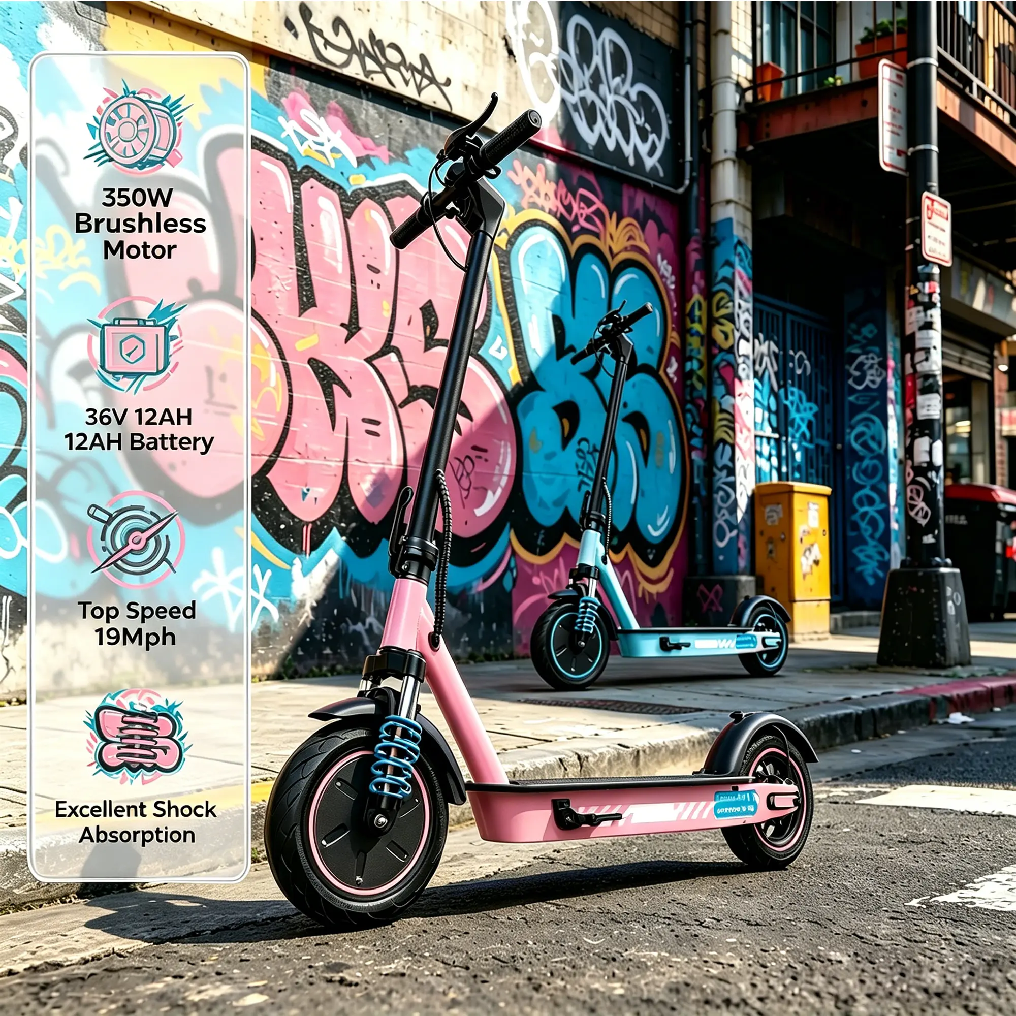 Unisex Modern Compact Pastel Pink Foldable Adult Motorized Road Scooter, 350W Motor, 36V12AH Battery, 19MPH Speed, 30Miles Range, Dual Shock Absorption, 10'' Honeycomb Tire, Smart APP LCD Display, Dual Brake LED Light, 3s Quick Fold Commuter E-Scooter, Mo