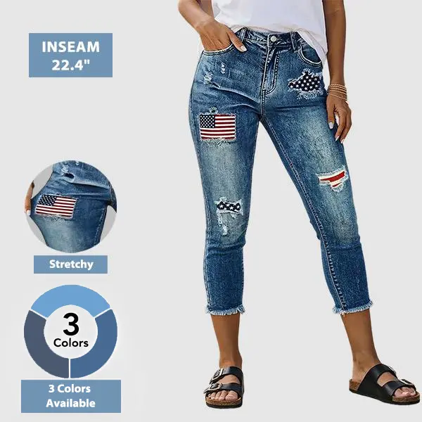 Flamingals Wash American Flag Pattern Ripped Raw Hem Mid Rise Capri Skinny Jeans