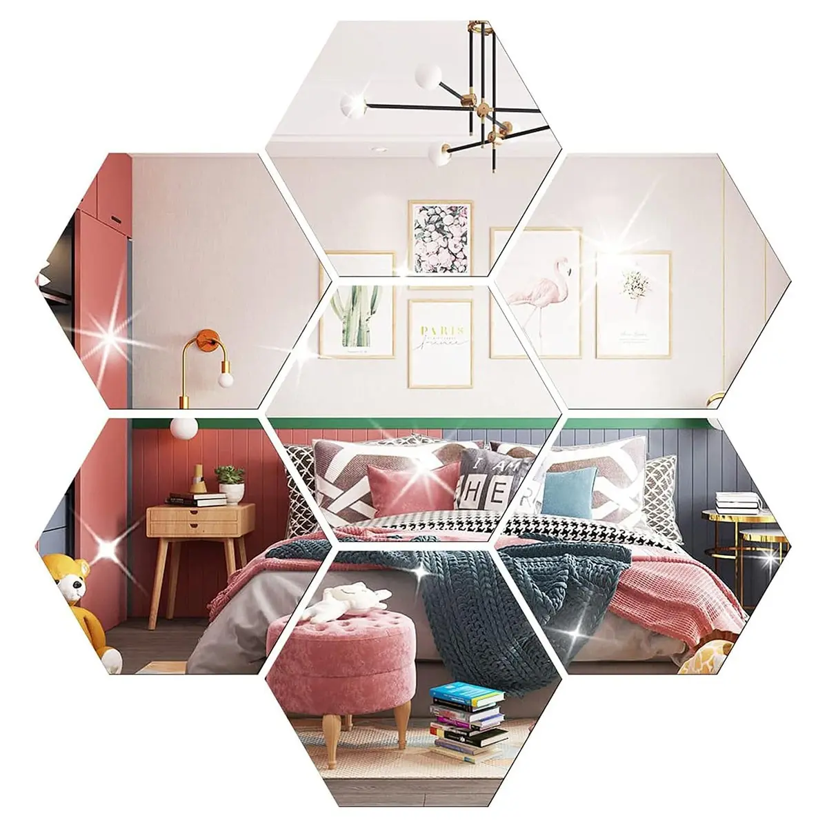 7pcs Hexagonal Mirror Wall Stickers Set, Self-Adhesive Movable Mirrors, Wall Decor Art for Home Office Room Apartment Decoration