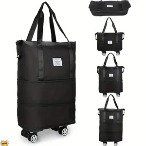 Large Capacity Foldable Travel Storage Bag Durable Oxford Fabric Black Multi-functional Tote with Wheels for Outdoor Travel Meets Airplane Overhead Compartment Requirements, Fold Travel Bags, Self-Folding Travel Bags