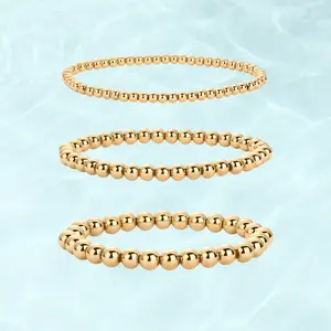 PAVOI Waterproof Beaded Bracelet Pack for Women - 14K Gold Plated 3-Piece Stretchy Bracelet Set - Stainless Steel Ball Trio Bracelet Stack