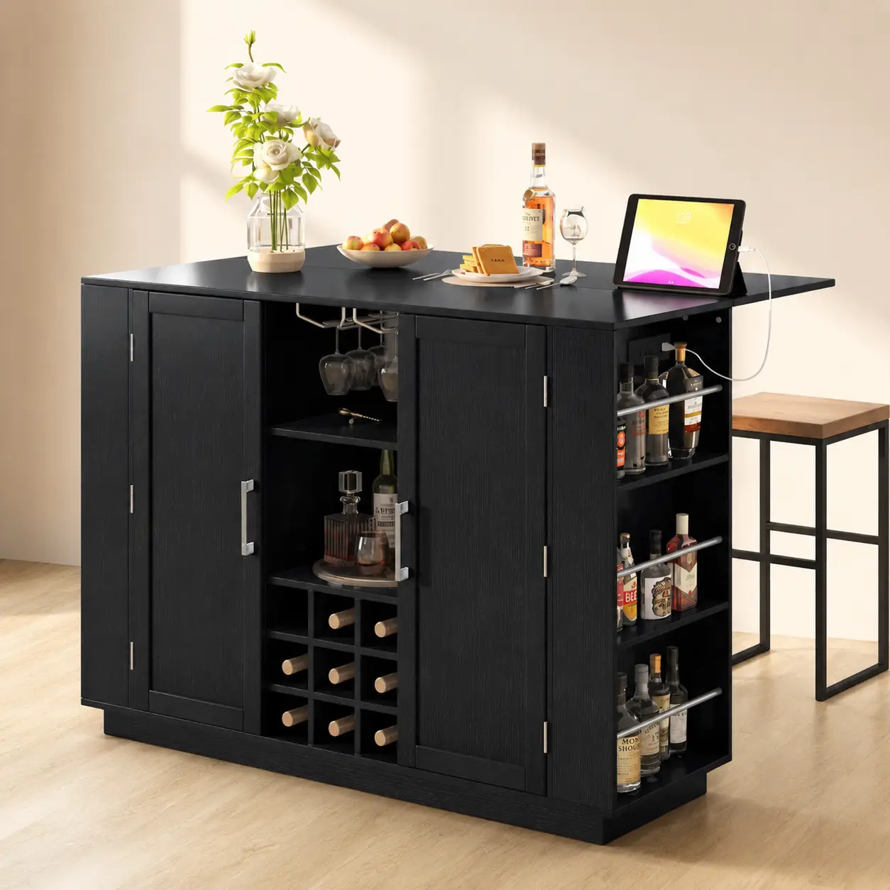 littleox U-Style 47.2" Counter Height Table with Foldable Top & Power Outlet, Sideboard Buffet Cabinet & Bar Cabinet, Wine Rack & Stemware Holder, 2-Door Storage Cabinet for Dining Room (Chairs Not Included)
