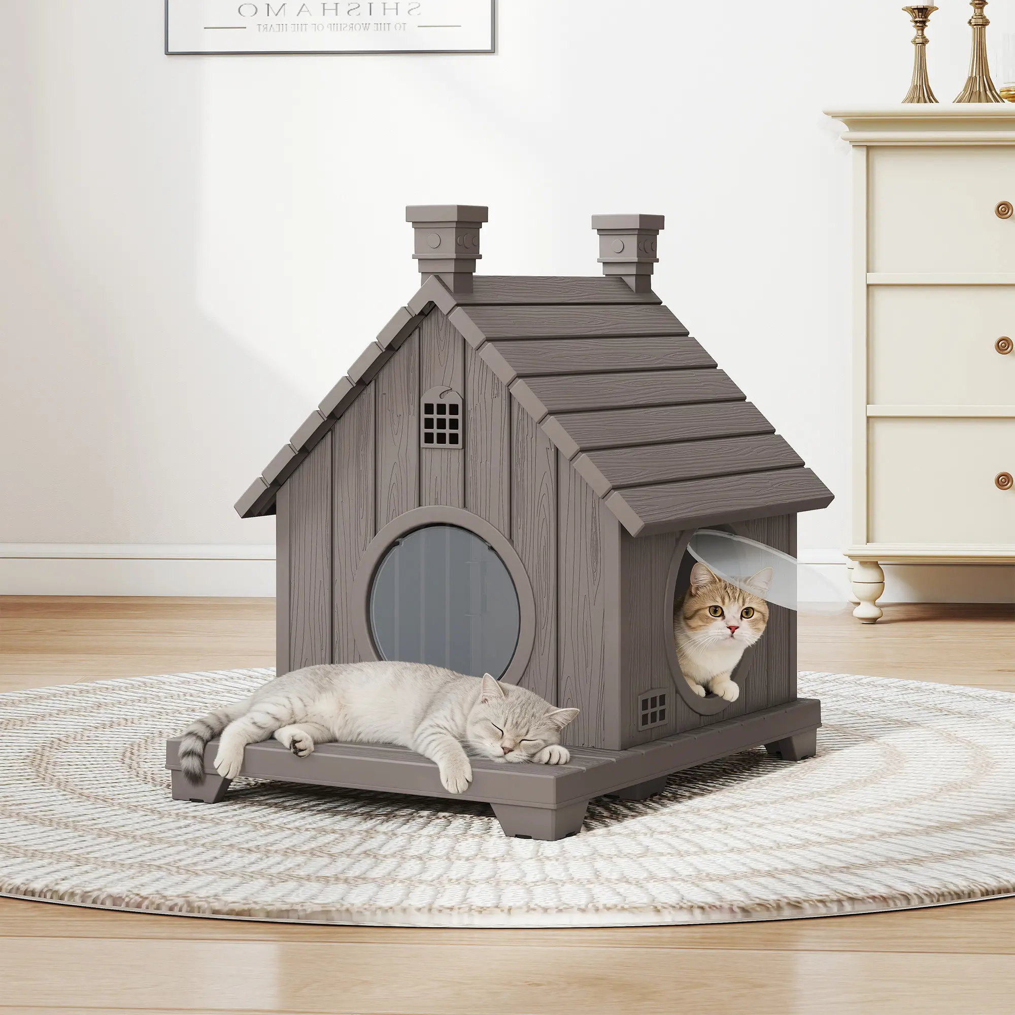 Waterproof Resin Cat House for Indoor & Outdoor Use, Stackable Design with Slanted Roof, Raised Base & Dual Entry,Summervibes