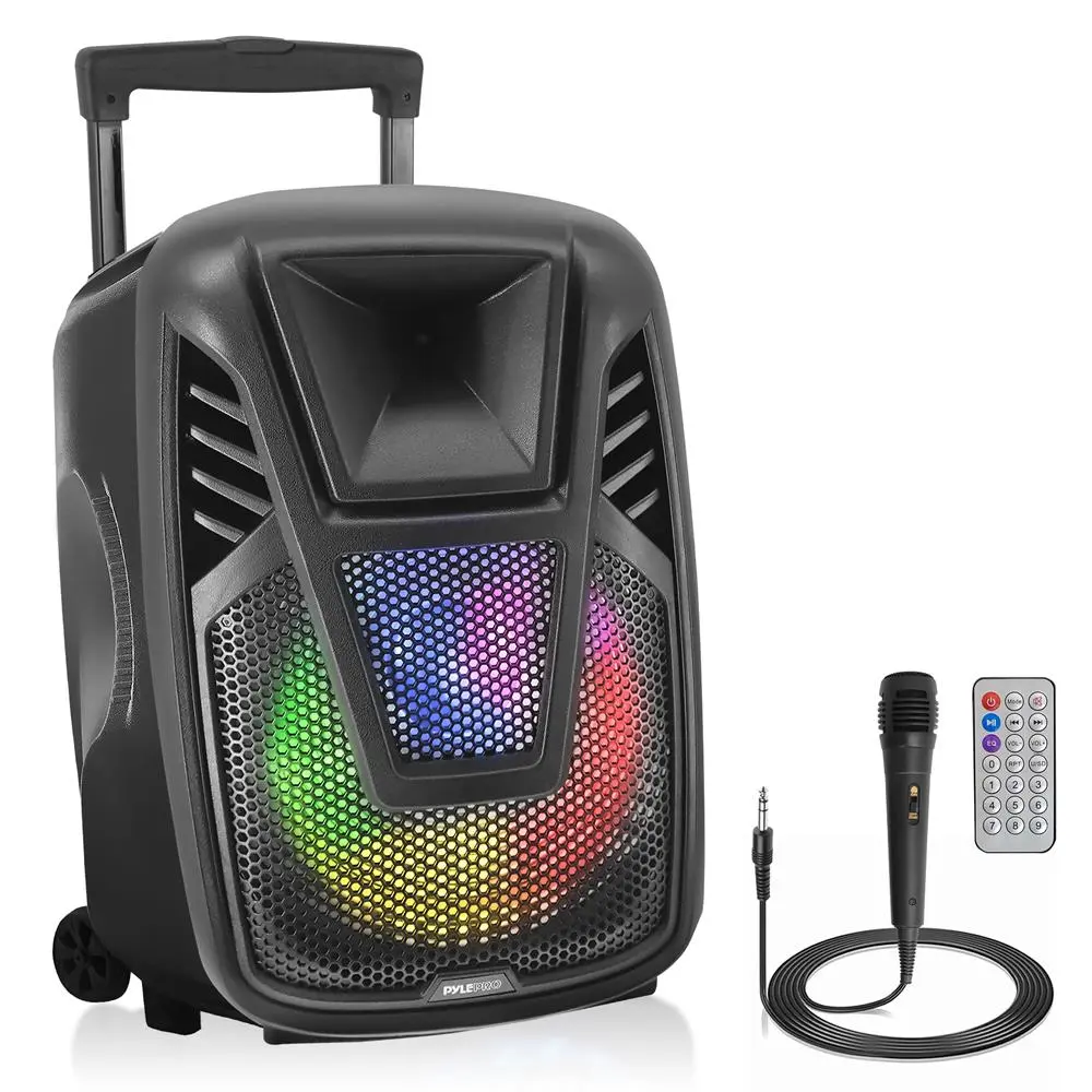 15" Portable Bluetooth Digital Audio Speaker - Wireless Streaming, LED Lights, Wheels, Rechargeable Battery, Subwoofer, Button Controls, MP3/USB Compatibility, Built-in Amplifier, Smartphone/Memory Support, Bass Speakers, Caster Wheels