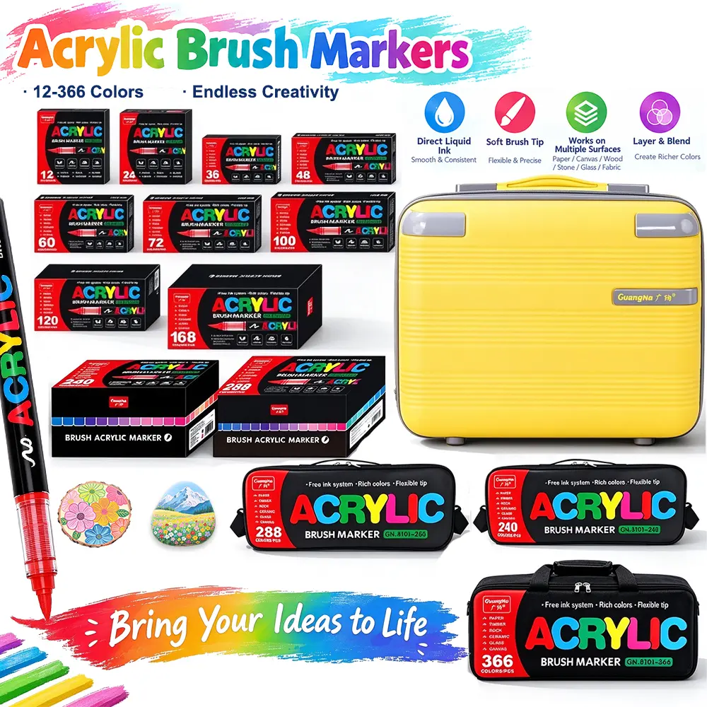 GUANGNA Acrylic Brush Marker Set, 12-366 Colors Soft Brush Tip Paint Markers, For Rock Wood Canvas Glass Ceramic Fabric, DIY Craft Art Supplies, Back To School Gift