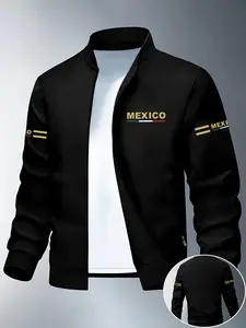Men's Lightweight Long Sleeve Fitted Jacket, Mexico Print Letter Design, Casual Outerwear for Daily Wear and Outdoor Activities, Ideal Fashion Choice