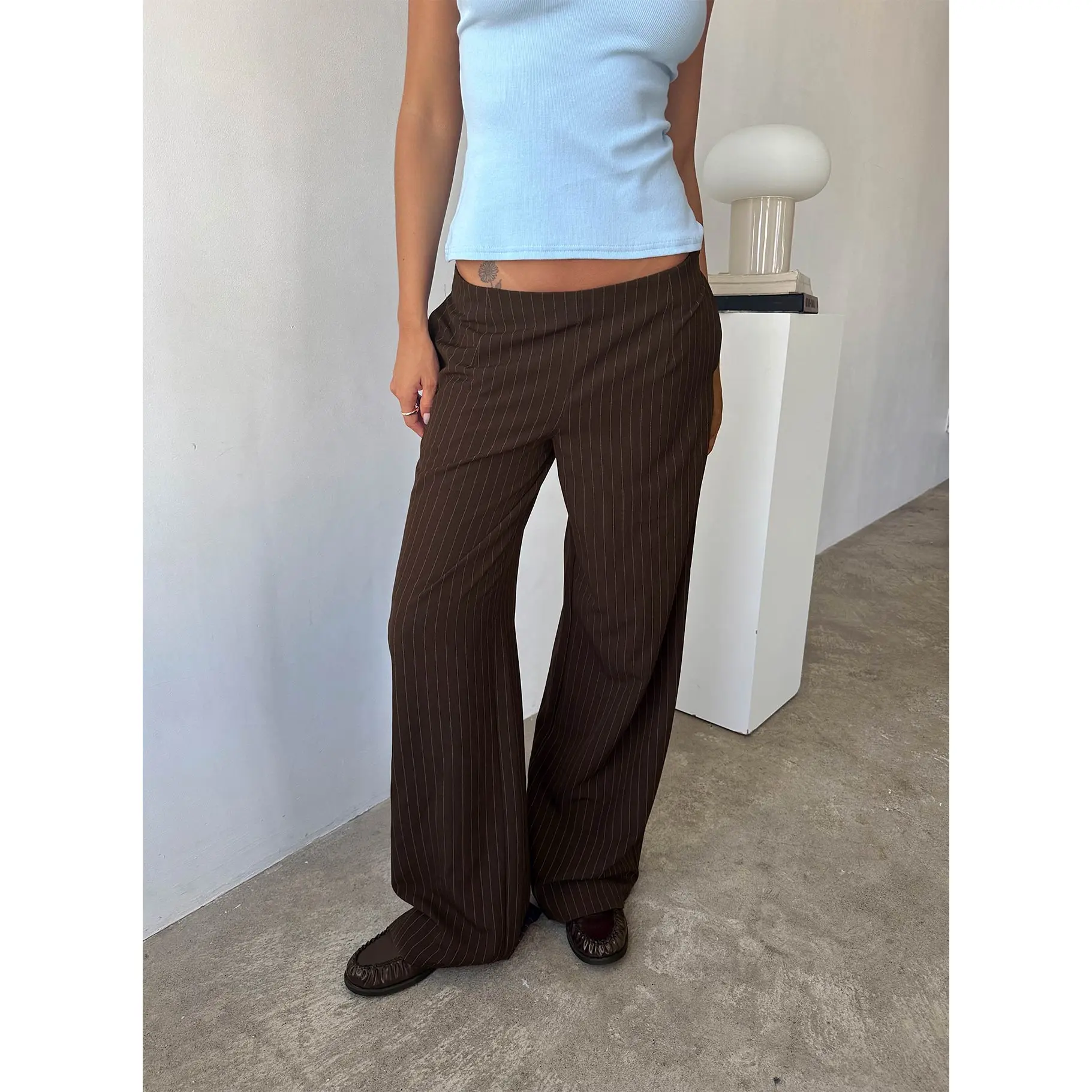 Khane Low Rise Wide Leg Pant Brown Pinstripe