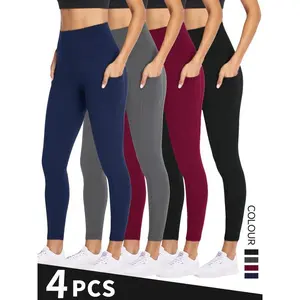 Women’s high-waisted yoga pants with pockets, soft and stretchy tummy-control training leggings, suitable for running, available in various colors, for sports and leisure, 4-piece set GARMENTARY