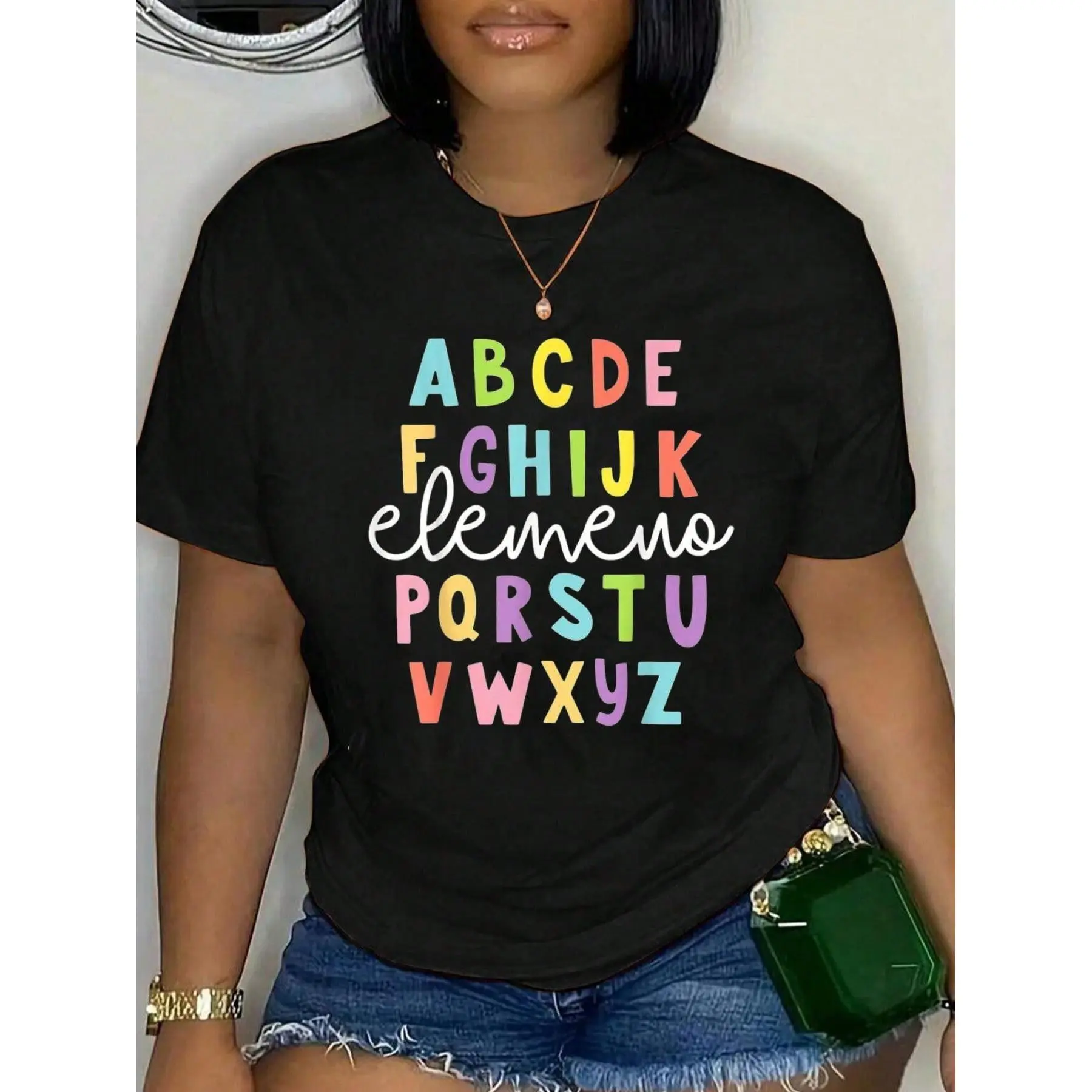 Women's 100% Cotton Knitted Round Neck Short-Sleeve Casual T-Shirt - Alphabet ABC Print, Soft Breathable Fabric, Back to School Outfit for Teachers & Students, Summer Fashion Top