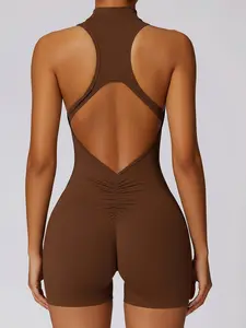 Women's Sports Bodysuit with Beautiful Back, Yoga Fit, Zippered, Fitted, Tight-Fitting Fitness Suit, Workout Jumpsuit, Sporty Comfy Jumpsuit, Suitable for Sports and Everyday Wear