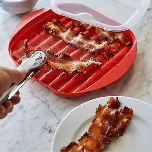 2pcs Microwave Bacon Maker Microwavable Bacon Grill, 10.8in,Bacon Tray, Pizza Tray, Sauce Tray, Microwave Oven Cooker, Red White
