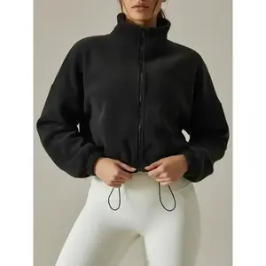 Women’s loose-fit solid fleece cropped zip-up jacket with drawstring, casual funnel-neck long-sleeve outerwear for fall and winter, women’s clothing for everyday wear