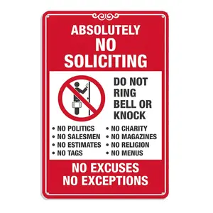 No Soliciting Sign 12x8 Inch Aluminum Metal Prevent Unwanted Visitors for Home or Business Front Door Wall Decor Easy Mount