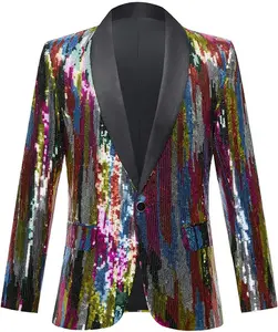 Men Green Blue Gold Leaves Pattern Sequins Blazer PYJTRL
