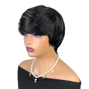 Pixie Cut Human Hair Wig with Bangs Looking Layered Straight Hair Glueless Rose Net Cap 180% Density Instant Volume for Women Daily Wear Parties