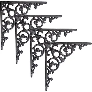 Decorative Shelf Brackets, 4 Pack of 6 x 1.3 x 6 inch, Black Cast Iron Shelf Support Bracket - Metal Shelf Brackets for Wall - Victorian Shelf Bracket