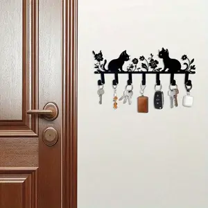 CIFbuy™ Metal Iron Cat & Flower Keychain Hook Storage Hooks: Fashionable Lacquered Wall-Mounted Hanging Hook Holder for Keys, Perfect for Living Room, Bathroom & Cloakroom Storage - Collectible Figurines