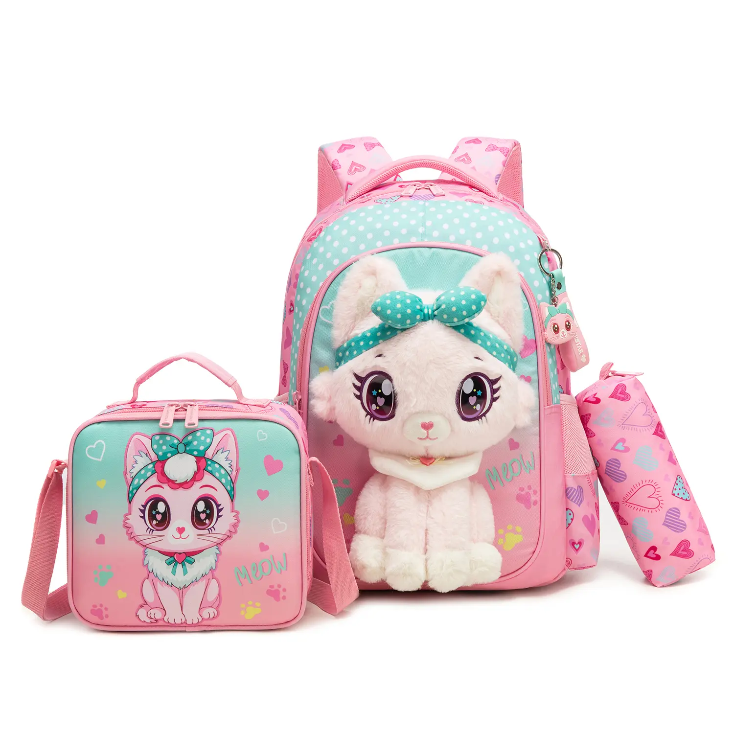 Girls' School Backpack Set, 3-Piece Cute 3D Plush Cat Nylon Bag with Pink & Mint Polka Dots, Includes Insulated Lunch Bag and Pencil Case, Backpacks For School, Kids Backpack