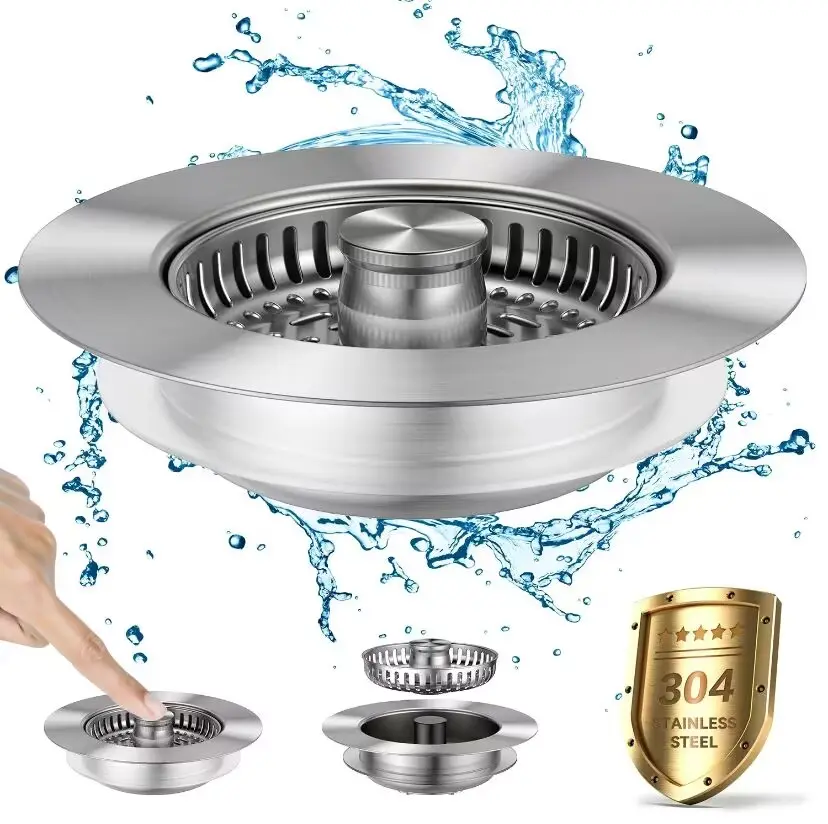 3-in-1 Kitchen Sink Drain Strainer Stainless Steel Sink Plug Deodorizing Anti-Clog Basket Strainer for US Standard 3-1/2 Inch Drains 304 Stainless Steel Quality