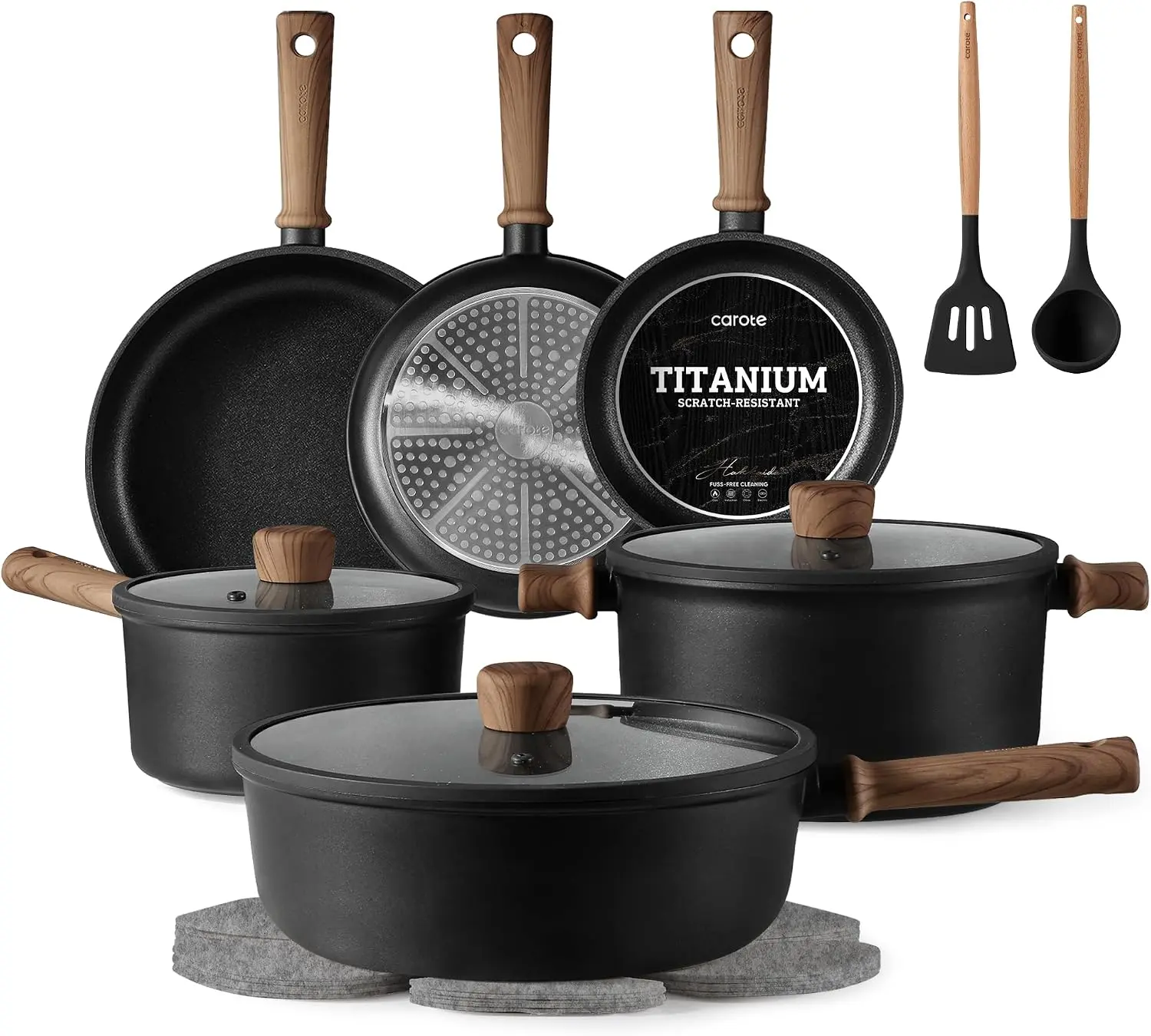 16pcs Pots and Pans Set, Nonstick Cookware Sets | Titanium Reinforced Coating, Scratch-Resistant, Easy to Clean, Even Heating, Induction Compatible, with Frying Pans Set