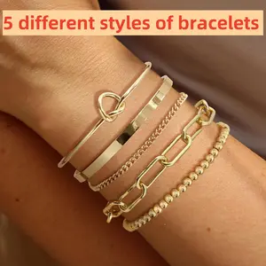 5pcs 14K Real Gold Plated Bracelets for Women Stack Beaded Gold Chain Bracelet Stack Set Gold Plated Bangle Bracelet Set Beauty & Personal Care