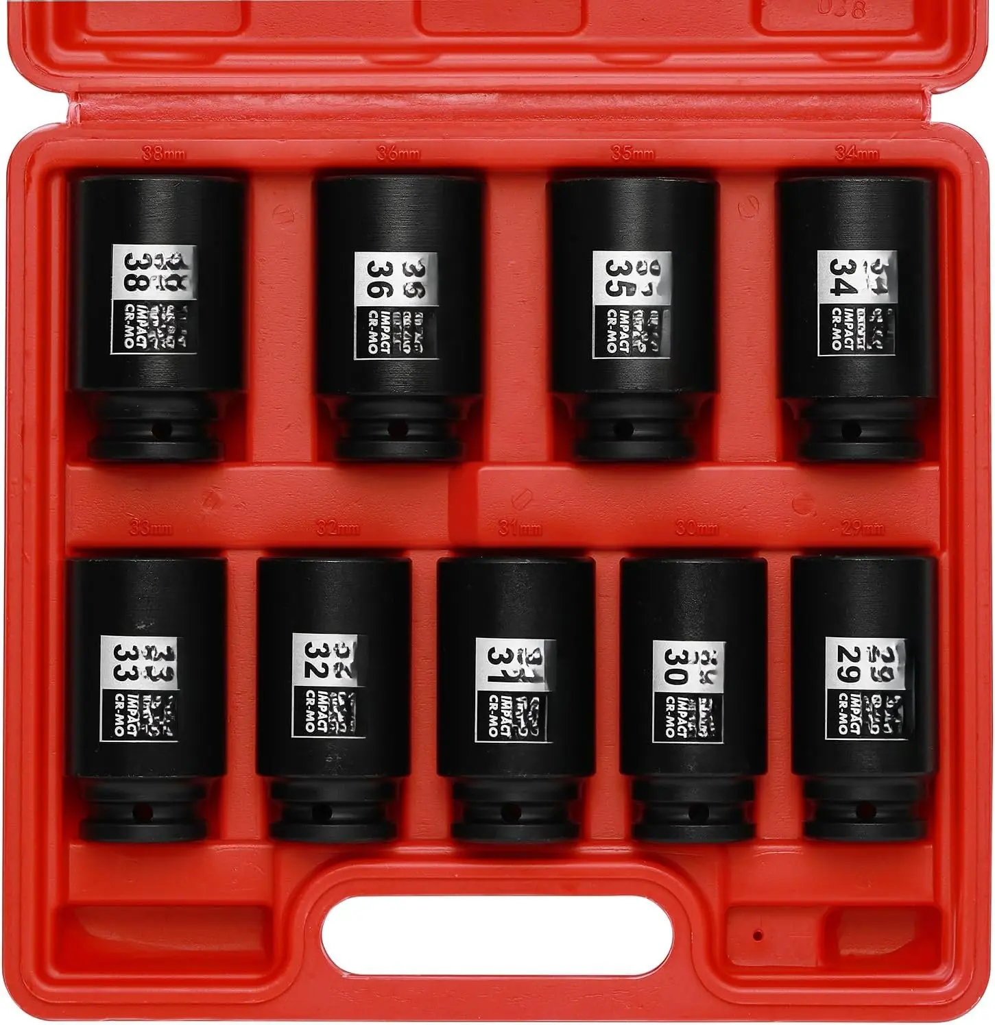large socket set 1/2- Inch Drive Deep Spindle Axle Nut Impact Socket Set, 6 Point, CR-MO, Metric, 29mm-38mm, 9- 1/2" Dr. Deep Impact Socket Set
