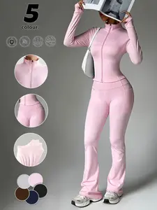 Women's Slim-Fit Zipper Stand Collar Jacket & High-Waisted Butt-Lifting Pants Set, Casual Fashion Long Sleeve for All Seasons