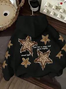 Women's Vintage Leopard Star Pattern Hoodie, Aesthetic Casual Pullover, Loose Fit Knit Fabric, Casual Street Style, Fall & Winter, Perfect for Leggings or Sports Pants