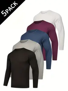 Men's 5 Pack Long Sleeve T-Shirts, Comfortable Breathable Slim Fit, Quick Dry, Casual Spring & Fall Wear, Essential High Value