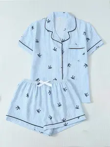 Blue Striped Bow Print Pajama Set, Casual Comfort Short Sleeve Shirt with Pocket, Elastic Waist Shorts, Women's All-Season Sleepwear