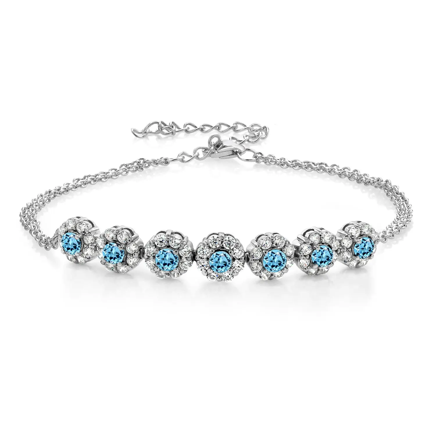 Gem Stone King 925 Sterling Silver Elegant Style Swiss Blue Topaz Tennis Bracelet for Women, Crafted in High-Quality 925 Sterling Silver, 2.24 Cttw, November Birthstone, 7-inch with 2-inch Extender, Resists Tarnishing, Customizable Fit