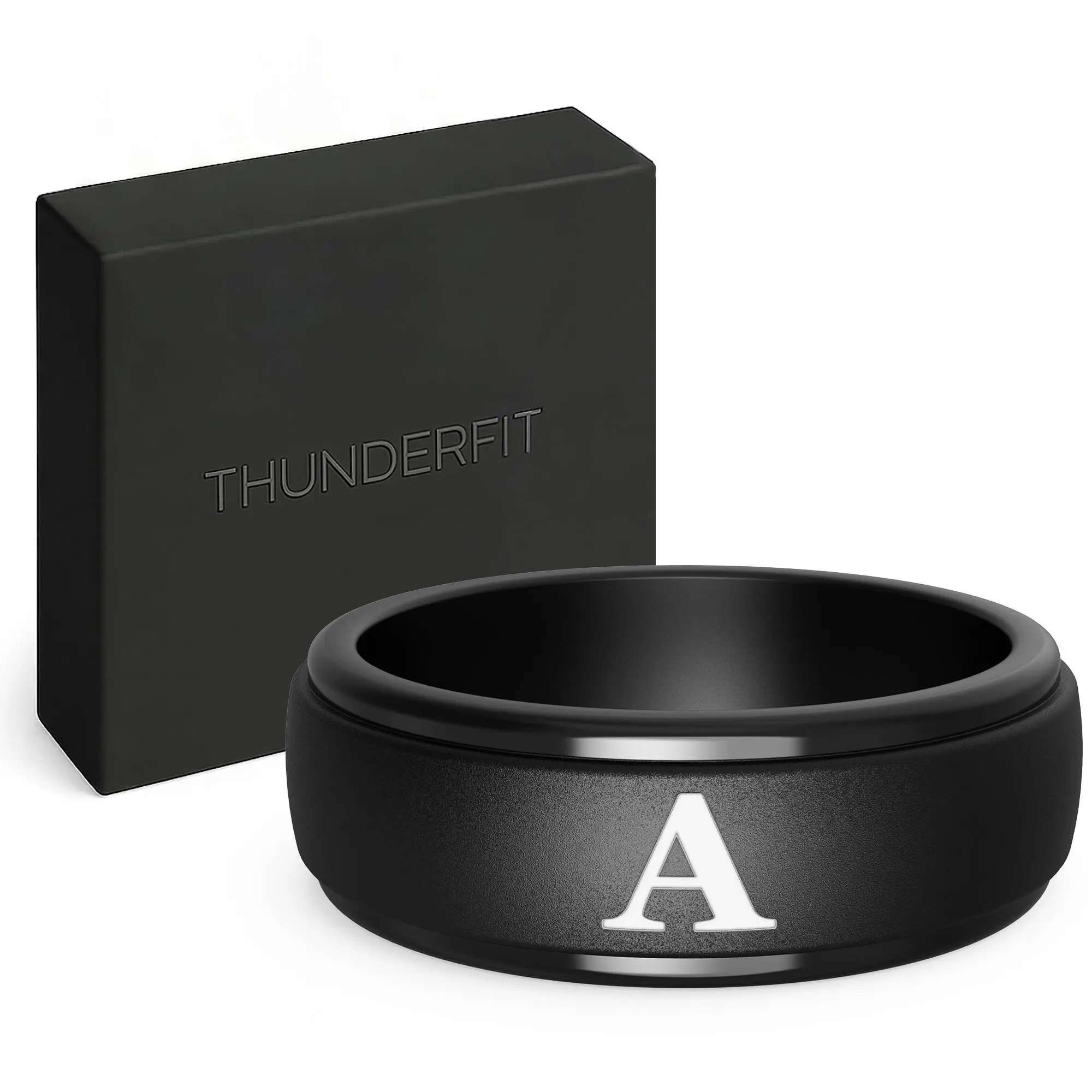 ThunderFit Men's Black Full Silicone Initial Ring - Personalized Engraving 1-Letter Men's Jewelry, Comfortable Fit, Gift Box-Included Anniversary/Birthday Gift for Him, Rings