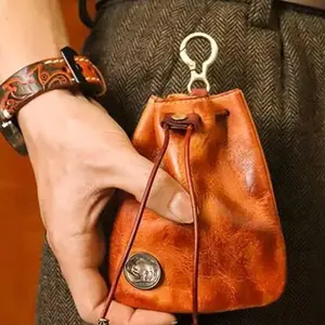 Genuine Leather Medieval Coin Purse, Waist Bag Coin Organizer Change Holder Small Leather Drawstring Pouch for Men & Women (Black)