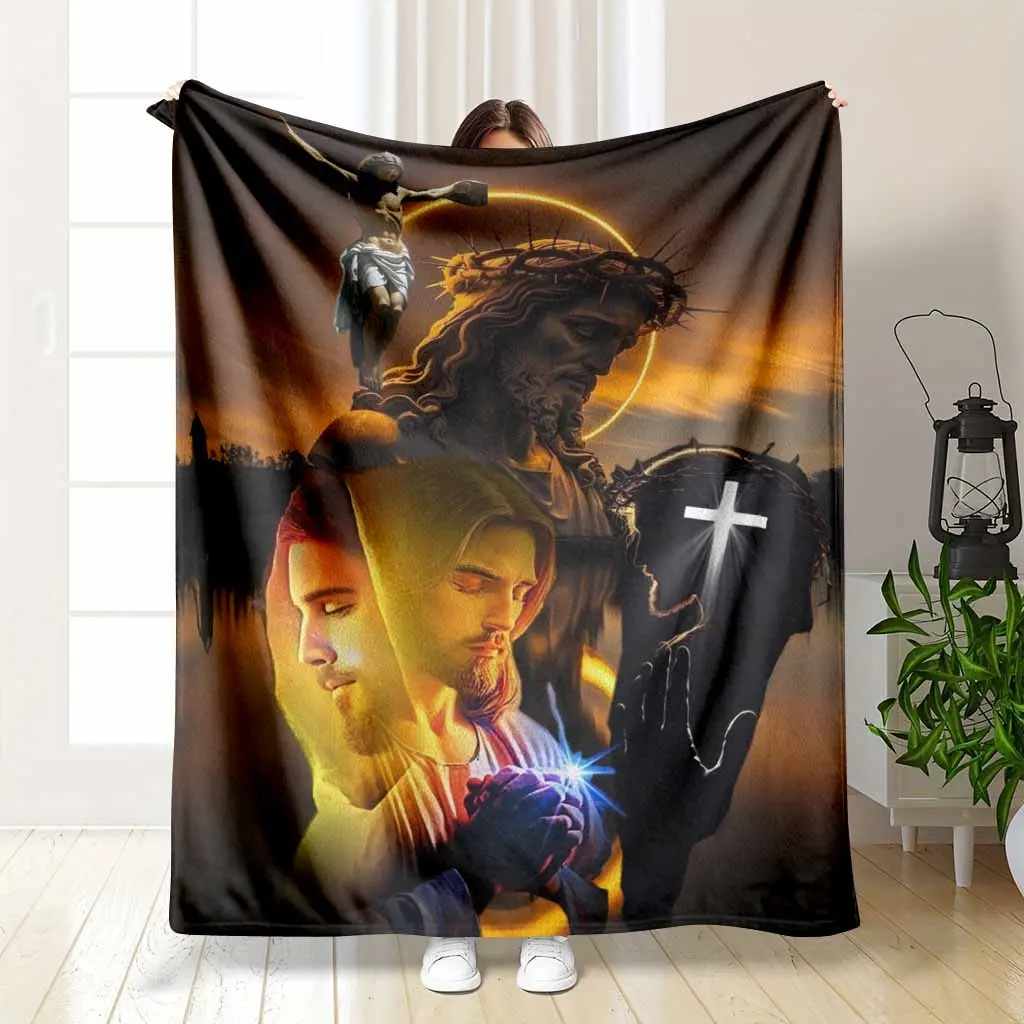 Jesus Christ Flannel Blanket Christian Cross Crown Of Thorns Prayer Print Soft Cozy Lightweight Warm Throw Blanket For Bedroom Sofa Church Meditation Easter Worship Faith Gift Home Decor, Wrinkle Resistant, Religious, 30×40 Inch / 76×101Cm (Mini)