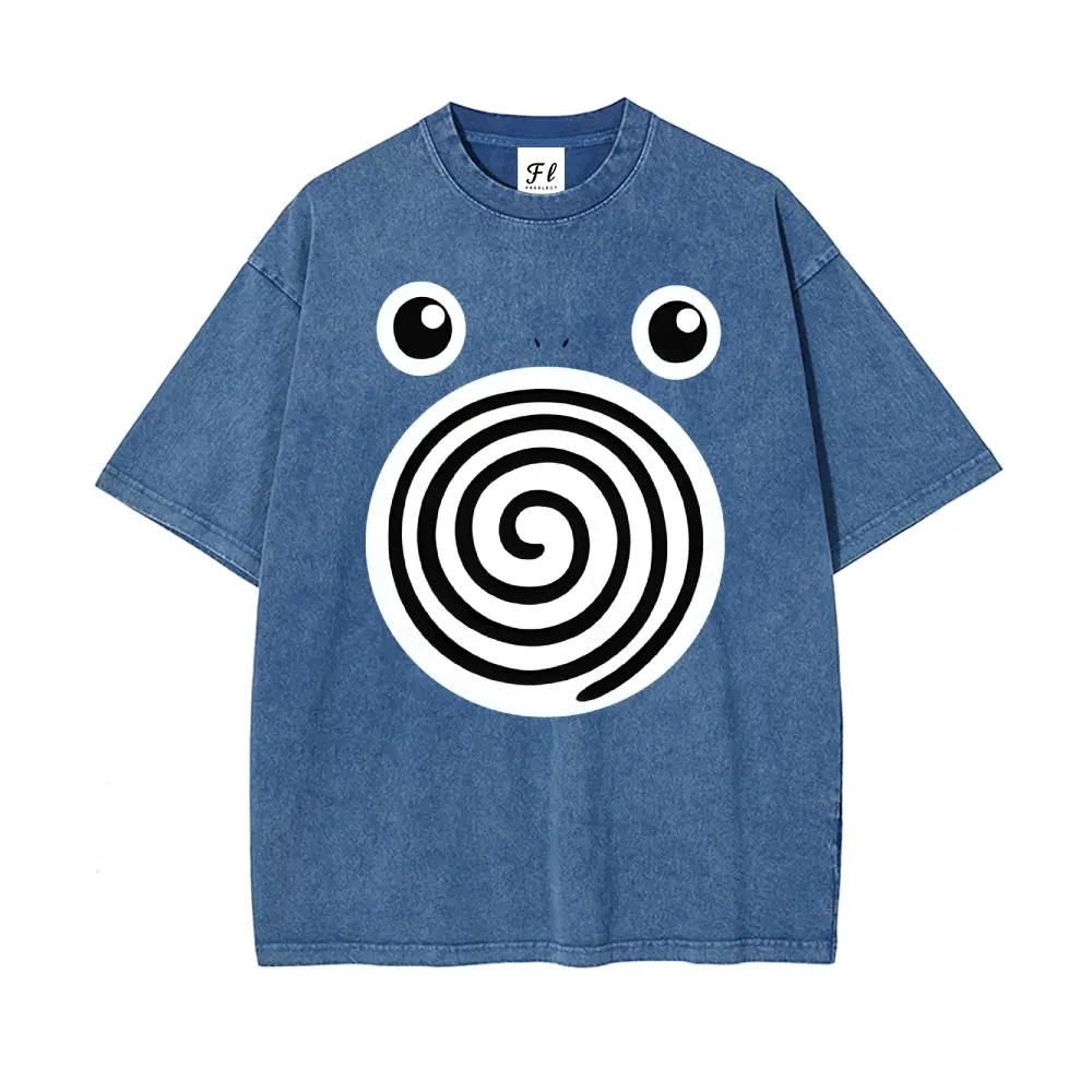 Unisex Pocket Monsters Washed T-Shirt Spiral Big Eyes Cartoon Art Pattern Washed Vintage T-Shirt -Anime Wash Cotton Retro Streetwear Aesthetic,