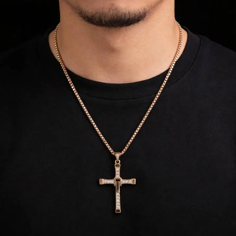Men's Iced Out Cross Necklace - Titanium Steel Movie Inspired Pendant with Box Chain