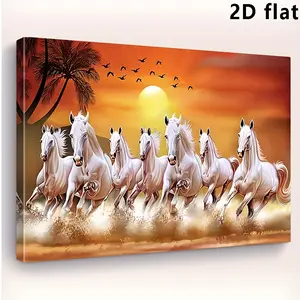 [Hanging Art]2D Flat, Seven Lucky Horses Canvas Wall Art Woven Bachelor Party Decor WoodFramed Wild Horses Print for Living Room Bedroom Office Home Ornament Gifting Suitable for Her and Him 1pc