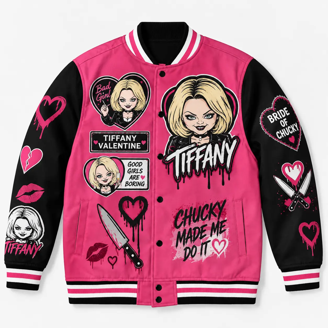 Tiffany Valentine Varsity DIEUAI Jacket All-Over Printed Graphic Bride Killer Doll Apparel