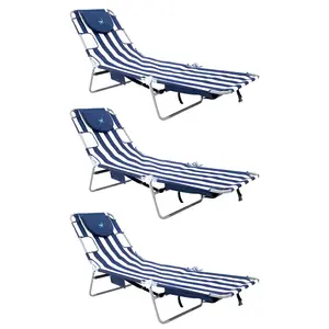 Ostrich Backpack Chaise Folding Lounge Chair w/Storage Bag, Navy Stripe (3 Pack)