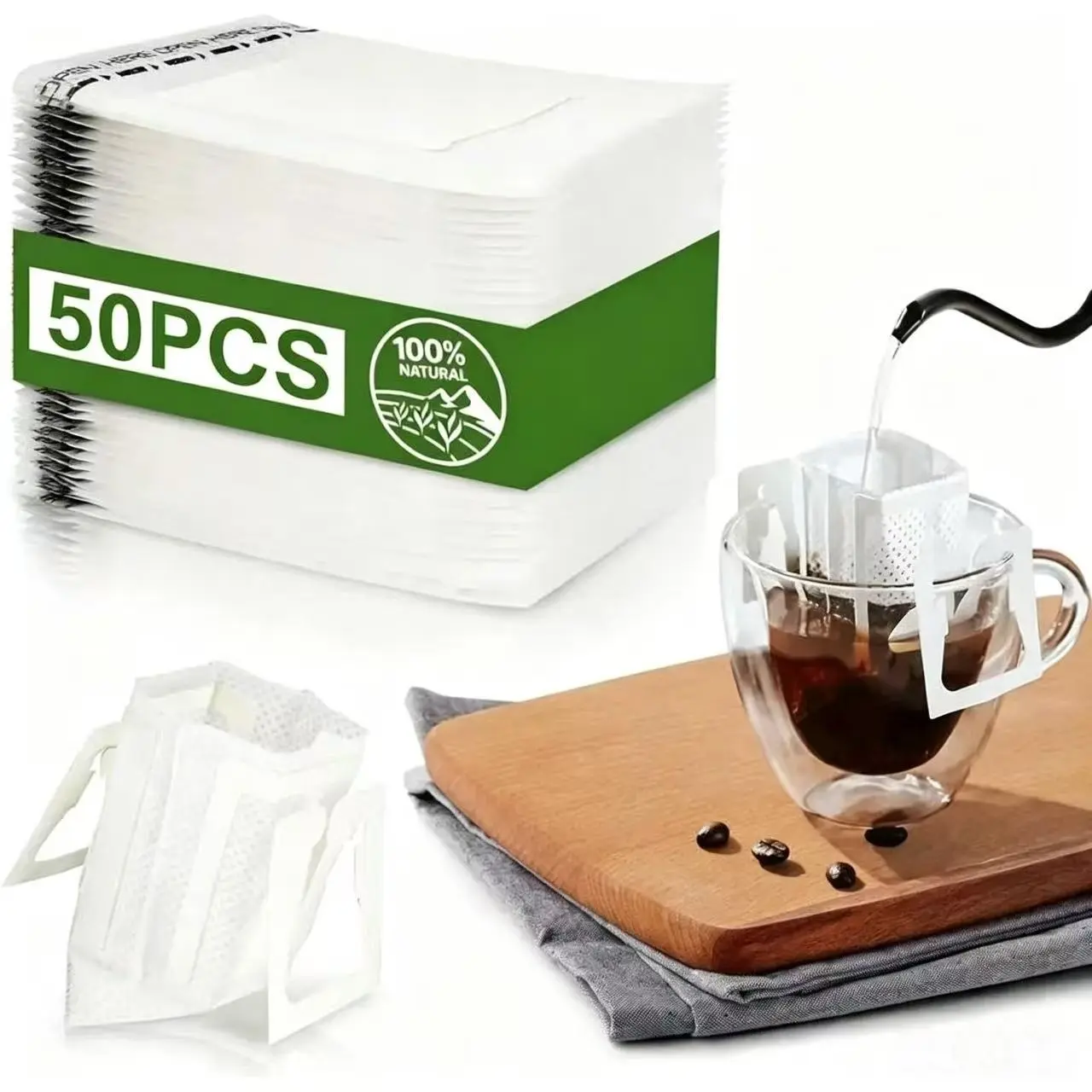 50 coffee filter bags, disposable, ear hanging design, high portability, no residue, easy to use, leak proof design, fine mesh, strong universality, suitable for home coffee brewing, office, travel, camping, pouring coffee filters