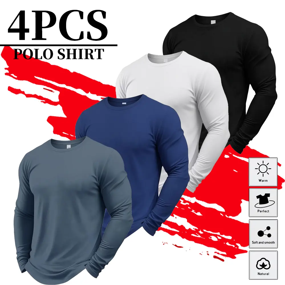 Men's 4-Piece Crew Neck Long Sleeve T-Shirts - Plain Classic Stylish Skin-Friendly Comfortable Base Layer Tops for Everyday & Home Casual Wear