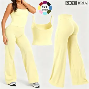 RICH BRIA SOFTMOTION Sports Set, Strappy Tank Top & Wide Leg Pants, Short Sleeve Crop Top , Yoga Sports Vest Workout Tops, Womens Fitness Activewear Gym Fashion Outdoor Gymwear Comfort Straight Leg Yoga Pants Matching Set