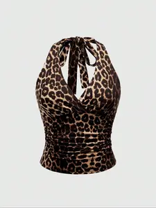 Trendy Leopard Print Halter Top, Casual Summer Fall Fashion, Perfect for Daily Wear & Stylish, Must-Have Women's Clothing