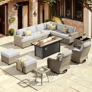 POUUIN Modern 13-Piece Woven Texture Outdoor L-Shaped Sectional Patio Furniture Set with Fire Pit, Swivel Chairs, Ottomans & Extra-Deep Multiple-Seat Conversation Sofa, Fire Pit Outdoor, Multiple Seats