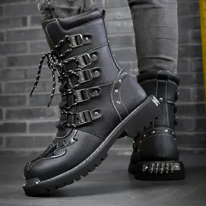 Men'S Gothic Combat Boots with Metallic Hardware & Flame Details, High-Top Tactical Punk Stage Performance Lace-Up Thick Sole Boots for Outdoor Black