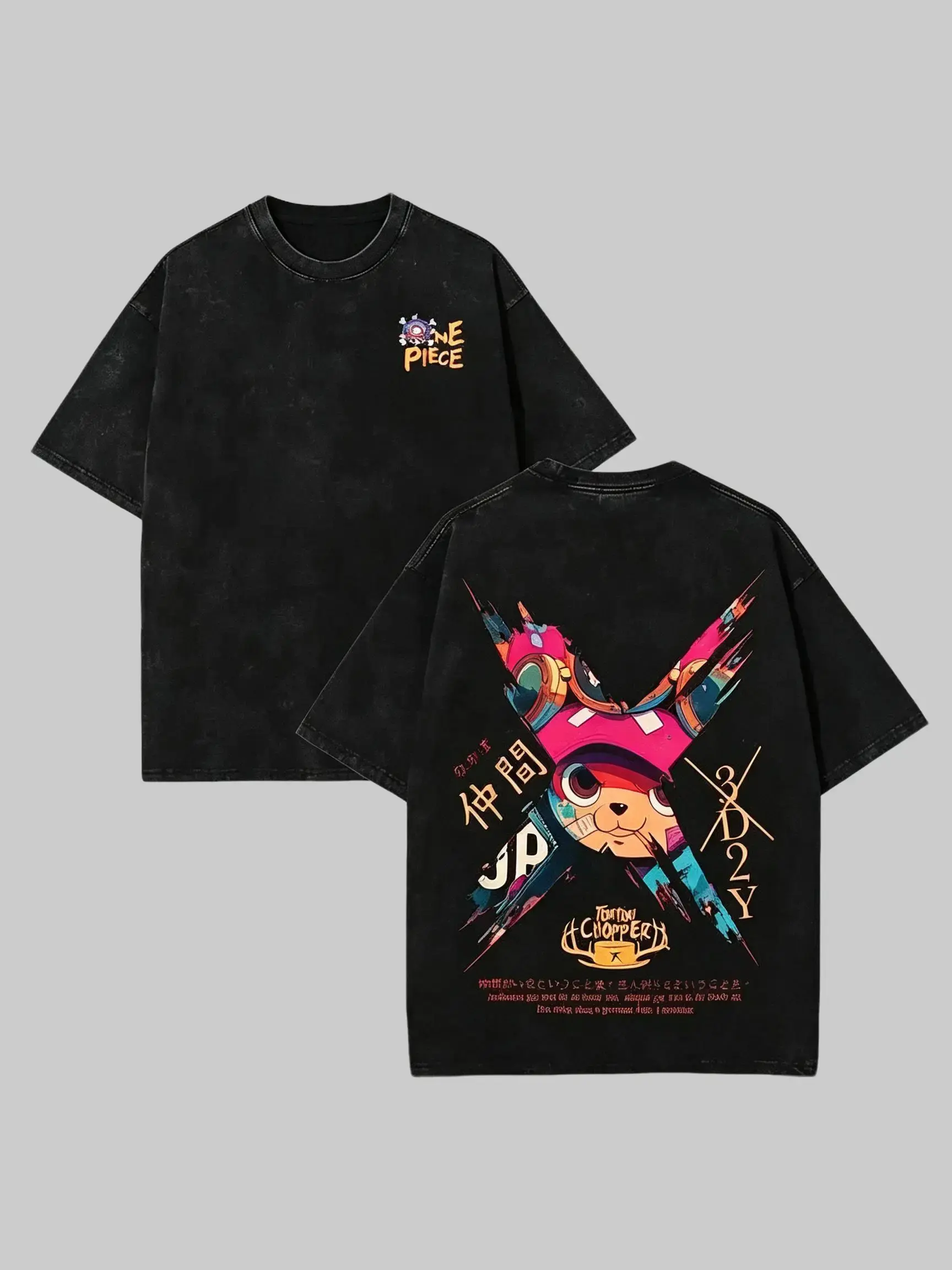 Men's Vintage Acid Wash Tony Tony Chopper Graphic T-Shirt - 1 Piece Anime Oversized Short-Sleeve Tee, Retro Distressed Back Print, Hip Hop Streetwear Y2K Merch, Exchange Policy for Anime Fans