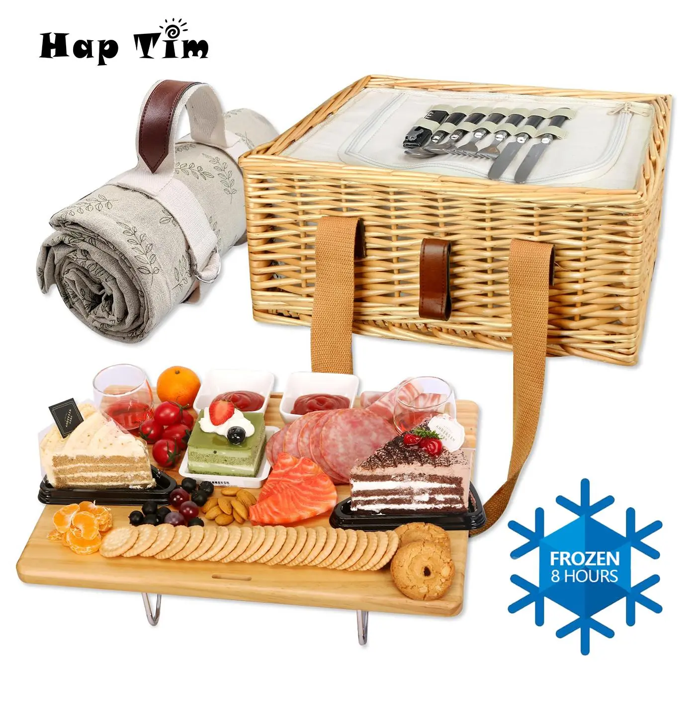 Hap Tim Wicker Picnic Basket for 2/4 Person with Picnic Blanket, Foldable Wine Picnic Table & Large Insulated Cooler Bag & Cutlery Service Kits Insulated Woven Beach Cooler Bag Perfect for Outdoor Picnics and Gifts #Summervibes summerwins