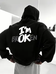 "i'm Broken" Colorblock Hoodie, Layered Font Design, Emotion Street Style, Fitted Long Casual Wear, Winter Fashion